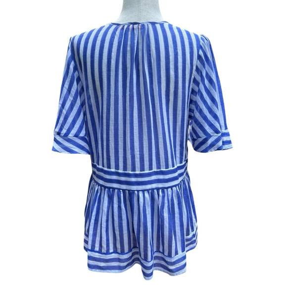 Oliphant Blue White Stripe Peplum Top M Feminine Coastal Boho Cotton Shirt - Picture 9 of 12